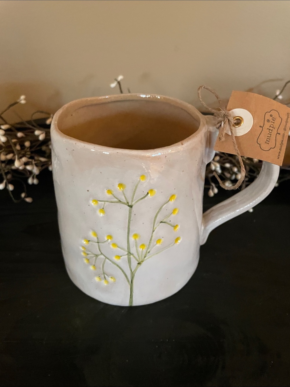 NWT Mud Pie Cream Clay Mug with Yellow and Green Floral Sprigs